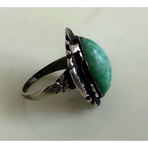 Art Deco 30's Sterling Silver Ring Green Speckled Peking Glass Size 6.25 - Picture 9 of 10